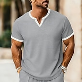 お買い得  ベーシックTシャツ-男性用 ワッフルTシャツ Tシャツ 半袖シャツ ティートップ 半袖 Ｖネック 夏 春 純色 ストリートファッション スタイリッシュ カジュアル パッチワーク 日常 アウトドア ストリートウェア ワイン メンズトップTシャツ