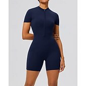 economico Set e Tutine-Per donna Tute da allenamento Tutina Tasca Cerniera Frontale Tinta unica Body Estate Primavera Autunno Bianco latte Nero Corsa Fitness Yoga Sollevamento glutei Asciugatura Rapida Elastico Manica Corta
