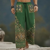 Χαμηλού Κόστους Ανδρικό εμπριμέ casual παντελόνι-Ανδρικά Φλοράλ Etnic Λουλούδια Παντελόνια Φαρδύ παντελόνι Casual παντελόνι Μεσαία Μέση Μποέμ Vintage ρετρό Σπίτι ΕΞΩΤΕΡΙΚΟΥ ΧΩΡΟΥ Διακοπές Ελαστική μέση με κορδόνι Παντελόνι σε σχήμα λινού με τσέπες