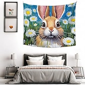 cheap Wall Tapestries-Easter Cute Bunnies Playing Violin Spring Garden Colorful Eggs Basket Flowers Oil Painting Style Wall Tapestry Wall Hanging Living Room Kids Bedroom Home Decor Party Backdrop