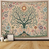 billige Veggoppheng-Livets tre folkekunst veggteppe bohemsk etnisk fugler og blomster natur landskap svart bakgrunn åndelig hjemdekor stue soverom bakgrunn innendørs veggmaleri