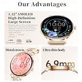 baratos Smartwatch-Relógio inteligente exclusivo Goddess com tela redonda AMOLED HD de 1,32 polegadas, ultrafino e leve de 7,5 mm, a melhor opção de presente para namorada, monitoramento de frequência cardíaca e