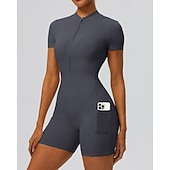 economico Set e Tutine-Per donna Tute da allenamento Tutina Tasca Cerniera Frontale Tinta unica Body Estate Primavera Autunno Bianco latte Nero Corsa Fitness Yoga Sollevamento glutei Asciugatura Rapida Elastico Manica Corta