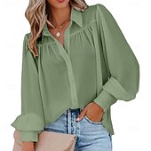 baratos Blusas Simples-Mulheres Camisa Social Camisa casual camisa de botão Blusa Franzido Botões Côr Sólida Tecido Elegante Férias Moda Manga Longa Manga lanterna Aberto para a Lateral Tops regulares Diário Praia Feriado