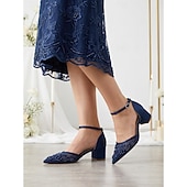 abordables Madre de la Novia/Novio-Zapatos de tacón de bloque azul marino para mujer con bordado de encaje y detalles de cuentas, elegantes zapatos para la madre de la novia para bodas en la ciudad, zapatos de tacón de punta para