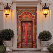 olcso Garázs- és ajtózászlók-ősi arab piros fa ajtó díszes mór boltív bonyolult virágfaragás 3D realisztikus szövet ajtó banner borító otthoni belső szoba dekoráció bejárat party háttér