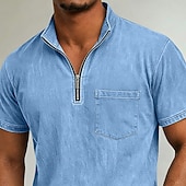 Недорогие Повседневная футболка Хенли-Муж. Футболка Рубашка из 100% хлопка с кислотной стиркой С короткими рукавами Четверть молния Лето Весна Осень Полотняное плетение Ретро На каждый день Старинный Окрашенная одежда Промытый