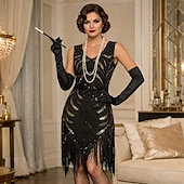 economico Abiti degli anni '20-Set Anni Ruggenti Anni 1920 Lunghezza al ginocchio Vestito Abito Flapper Abiti con accessori Senza maniche Il grande Gatsby Charleston Taglie Forti Frangia con nappe Scollo a V Costume Per donna