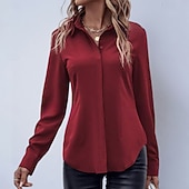 baratos Blusas Simples-Mulheres Camisa Social Blusa de cetim Saia camisa de botão Côr Sólida Tecido Elegante Moda Casual Manga Longa Aberto para a Lateral Tops regulares Diário Escritório Trabalho Preto Rosa Vermelho Roxo