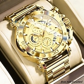 abordables Quartz Watches-Men's Gold Watch, Luxury Chronograph Big Face Quartz Analog Wristwatch with Gold Stainless Steel Band, Waterproof Luminous Business Sport Fashion Watch with Date Display, Gift for Men