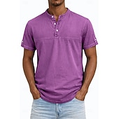 levne Ležérní tričko Henley-Pánské Tričko Henley Košile ze 100% bavlny Krátký rukáv Bez vzoru Retro Na běžné nošení Retro styl Barvení oděvů Vyprané Henley Ležérní Jaro léto Léto Jaro Fialová Tričko Henley