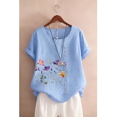  Women's 100% Cotton Blouse Floral Graphic Stylish Cotton Linen Casual Short Sleeve Crew Neck Regular Tops Daily Going out Buttons Print Green Summer Spring