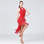 abordables Vestidos de Práctica-vestido de baile asimétrico rojo sin mangas con flecos para mujer