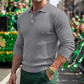 cheap St. Patrick's Day-Men's Rib Knit Top Textured Casual Street Lapel Long Sleeve Basic Modern Plain Buttons Spring Fall All Seasons Regular Fit Blue White Navy Blue Gray Rib Knit Top