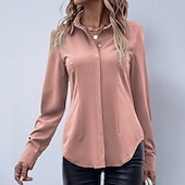 baratos Blusas Simples-Mulheres Camisa Social Blusa de cetim Saia camisa de botão Côr Sólida Tecido Elegante Moda Casual Manga Longa Aberto para a Lateral Tops regulares Diário Escritório Trabalho Preto Rosa Vermelho Roxo