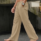 cheap Retro-Men's Culottes Wide Leg Linen Pants Summer Pants Baggy Pants Drawstring Patchwork Elastic Waist Plain Comfort Breathable Full Length Casual Daily Outdoor Vacation Fashion Black White Inelastic