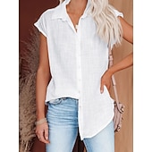 cheap Plain Blouses-Women's Blouse Cotton Shirt Buttons Solid Color Vintage Daily Stylish Short Sleeve Shirt Collar Regular Tops Daily Blue Black White Pink Wine Summer Spring