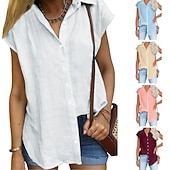 cheap Plain Blouses-Women's Blouse Cotton Shirt Buttons Solid Color Vintage Daily Stylish Short Sleeve Shirt Collar Regular Tops Daily Blue Black White Pink Wine Summer Spring