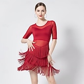 baratos Vestidos de Prática-Vestido de dança feminino vermelho com franjas e patchwork em tule.