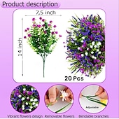 זול פרח מלאכותי-20 חבילות פרחים מלאכותיים לחוץ צמחים מלאכותיים ירק חיצוני דמוי עץ תאשור ללא דהייה שיחים מפלסטיק לעיצוב הבית גינת חווה (מעורב, 3 צבעים מג'נטה סגול לבן)