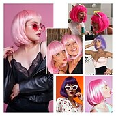 billiga Syntetiska peruker utan hätta-Ljusrosa bobperuker med lugg (kan trimmas) raka korta peruker för kvinnor syntetisk rosa peruk för cosplay-kvinnor
