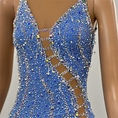 cheap Figure Skating Dresses-Figure Skating Dress Girls' Ice Skating Dress Blue Patchwork Asymmetric Hem Stretchy Training Competition Skating Wear Classic Crystal / Rhinestone Sleeveless Ice Skating Figure Skating