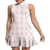 お買い得  女性のドレス-女性用 グラフィック レオパード 幾何学模様 テニスドレス ショートパンツ付き スポーツドレス ゴルフポロドレス ノースリーブ ラッフル パッチワーク クォータージップ 弾性ある モイスチャーコントロール 高通気性 テニス ゴルフ バドミントン スタンドカラー ドレス レッドとブラック フォレストグリーン バイオレット テニスウェア