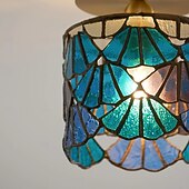 baratos Montagem Embutida &amp; Montagem Semi Embutida-Luminária de teto retrô com vitral azul cilíndrico em vidro com padrão de água, ideal para ilha de cozinha. Luminária de teto vintage ajustável em latão.