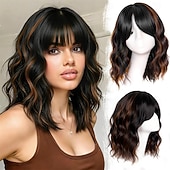 billiga Syntetiska peruker utan hätta-Black Mixed Brown Wig with Bangs Short Wavy Bob Wigs for Women Synthetic Shoulder Length Hair Natural Looking Curly Wig Heat Resistant Hair Replacement Bob Wigs (14 Inch)