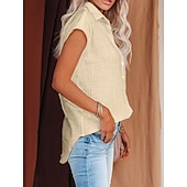 cheap Plain Blouses-Women's Blouse Cotton Shirt Buttons Solid Color Vintage Daily Stylish Short Sleeve Shirt Collar Regular Tops Daily Blue Black White Pink Wine Summer Spring