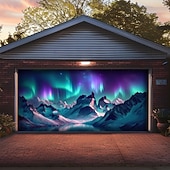 cheap Garage &amp; Door Banners-Northern Lights Aurora Borealis Winter Mountain Snowy Pine Forest Starry Night Sky Frozen River Garage Door Banner Outdoor Wall Decor Holiday Mural Christmas Decoration Backdrop