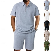 billige Basic Tees-sett for menn-Herre Polo T-skjorte drakter Joggedress Shorts og T-skjorte sett Kortermet Kort Erme Aftæpning Sommer Fargeblokk Gymnastik Fritid Jacquard Glidelås 2 deler Avslappet Feriereise Dagligdagstøy Svart