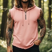 cheap Tank Tops-Men's Linen Shirt Tank Top Vest Undershirt Sleeveless Hooded Summer All Seasons Plain Fashion Streetwear Sporty Quarter Zip Casual Gym Street Pink Top Tee for Men