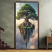 levne Garážové a dveřní bannery-fantazie strom života plovoucí ostrov vodopád a mraky surrealistická krajina dveře banner zeď gobelín přední dveře dekorace domov vchod dekor venkovní vnitřní
