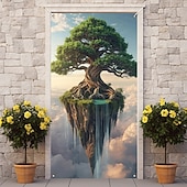 levne Garážové a dveřní bannery-fantazie strom života plovoucí ostrov vodopád a mraky surrealistická krajina dveře banner zeď gobelín přední dveře dekorace domov vchod dekor venkovní vnitřní