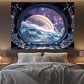 cheap Wall Tapestries-Spaceship Porthole View Outer Space Galaxy Universe Ringed Planet Nebula Stars Icy Moon Landscape Sci-Fi Window Wall Tapestry Hanging for Gaming Room Decor Bedroom Office Backdrop
