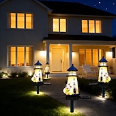 abordables Luces de camino y linternas-2 luces solares de jardín para exteriores, ideales para patios de villas, paisajes, con diseño de faro de resina, impermeables, para césped, jardines, senderos, camping y decoración de fiestas.