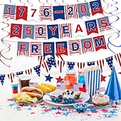  Set di stendardi decorativi per il 250° anniversario del giorno dell'indipendenza degli Stati Uniti, include 24 stendardi, 10 bandierine, 8 festoni, 12 spirali, 2 tende di tulle &1 tovaglia, ideale