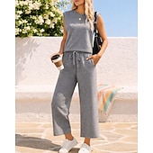 abordables Survêtements-Femmes Ensembles de survêtements à enfiler Survêtement 2 pièces Tenues de détente Cordon de serrage avec poche Couleur Unie Ensemble de vêtements de sport Été Printemps Bleu marine Noir Entraînement