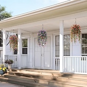 cheap Artificial Flower-4 Pcs Artificial Hanging Flowers Plants for Outdoor Spring Decoration,Faux Silk Violet with Eucalyptus Leaves,UV Resistant for Outside Home Indoor Planter Porch Patio Balcony Yard Decor