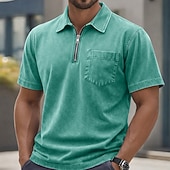 abordables Polo classique pour homme-Homme Polo Chemise 100% coton délavée à l'acide Occasionnel Tenue quotidienne Zip quart Manche Courte ancien Basique Uni Avec Poches Affligé Été Coupe régulière Vert Armée Noir Rose Claire bleu