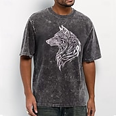  Herren-T-Shirt mit keltischem Knotenmuster, Wolfskopf-Silhouette und Acid-Wash-Vintage-Streetwear-Look, Kurzarm, lässig, für den Alltag, Designer-Kleidung, Größen S, M, L, XL, XXL, XXXL