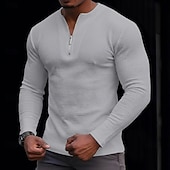 cheap Waffle Knit Tee-Men's Waffle T-shirt Tee Top Long Sleeve Quarter Zip Spring Fall Autumn Solid Color Plain Textured Daily Retro Casual Zip Up Casual Outdoor Street White Top Tee for Men
