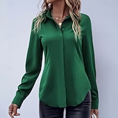 baratos Blusas Simples-Mulheres Camisa Social Blusa de cetim Saia camisa de botão Côr Sólida Tecido Elegante Moda Casual Manga Longa Aberto para a Lateral Tops regulares Diário Escritório Trabalho Preto Rosa Vermelho Roxo