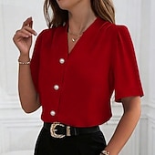 cheap Plain Blouses-Women's Shirt Dress Shirt Button Up Shirt Ruched Buttons Solid Color Elegant Fashion Daily Short Sleeve V Neck Regular Tops Streetwear Office Work Blue Black White Red Apricot Summer Spring