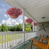 billige Kunstig blomst-kunstige utendørsblomster med hengende kurv, hengende plantersblomster til vårsommer veranda hage uteplass hjemmedekor