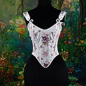 billige Topper-Kostymer i middelalderstil Renessanse Cottagecore Korsett Bodice Viking Bonde Blondér Blomstret Kostyme Dame Keltisk fantasi Halloween Karneval Ytelse LARP Ren Faire Voksne Korsett