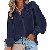 baratos Blusas Simples-Mulheres Camisa Social Camisa casual camisa de botão Blusa Franzido Botões Côr Sólida Tecido Elegante Férias Moda Manga Longa Manga lanterna Aberto para a Lateral Tops regulares Diário Praia Feriado