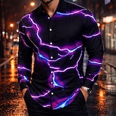 preiswerte 3D-Muster-Herren Blitz Hemd Langarm Mode Designer Lässig Outdoor Ferien Sommer Frühling Umlegekragen Druck Button-Down Blau Hellgelb Schwarz Weiß Gelb