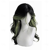 baratos Perucas de anime-Peruca longa ondulada com franja, em tom preto natural com mechas verdes. &amp;Peruca sintética gótica lolita para cosplay, com risca ao meio e resistente ao calor, ideal para uso diário e festivais.